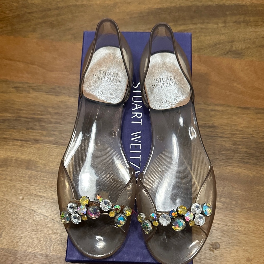 Stuart Weitzman Brown Jelly Slingback Sandals with Multicolor Crystal Cluster